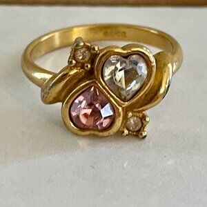 Vintage Avon Double Heart Ring Pink & Clear Rhinestones Gold Tone